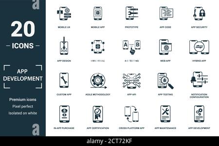 App Development icon set. Monochrome sign collection with mobile ux, mobile app, prototype, app code and over icons. App Development elements set. Stock Vector