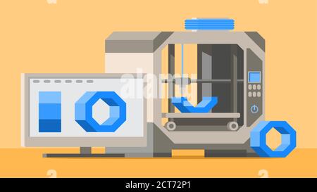 3D printing. Production process concept. Desktop computer. Stock Vector