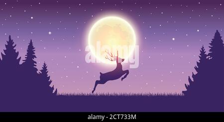 jumping deer in the nature by moon light vector illustration EPS10 Stock Vector