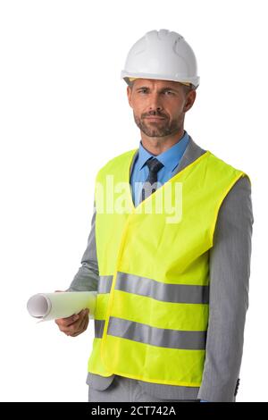 Portrait of male engeneer architect foreman in white hardhat and safety vest holding briefcase and blueprint isolated on white background Stock Photo