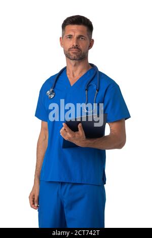 Portrait of male nurse in blue uniform with stethoscope and document folder isolated on white background Stock Photo