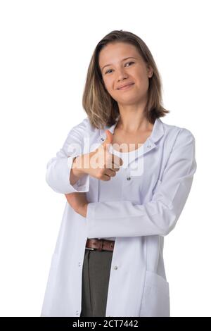 Portrait of female medical doctor showing thumb up and smiling isolated on white background Stock Photo
