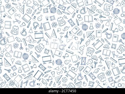 School education seamless pattern. Education symbols sketch backdrop with school supplies. Back to school icons doodle line art notebook background. Stock Vector