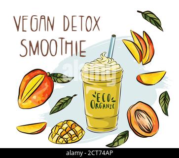 Homemade mango cocktail pouring into a takeaway cup with fresh fruits. Vector set of natural fresh mango juice in a glass and mango isolated on white Stock Vector