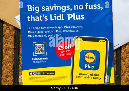 unsolicited mail junk mail on doormat - Lidl booklet big savings no fuss that's Lidl plus Stock Photo