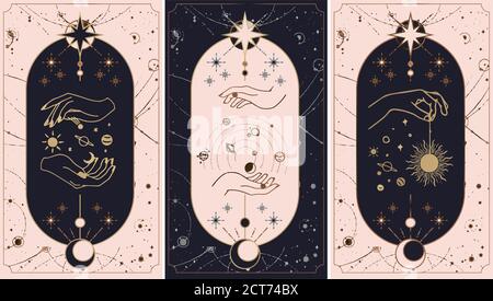 cosmos stars created by the hands of God, Golden Tarot card golden and pink with black. Magical occult tarot card set. Engraving vector illustration. Stock Vector