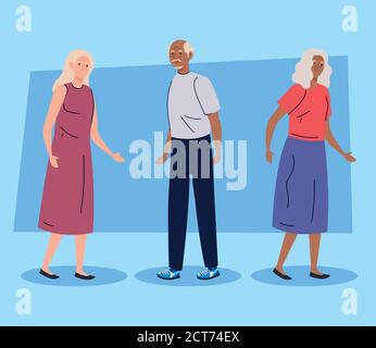 senior people doing different activities and hobbies on blue background Stock Vector