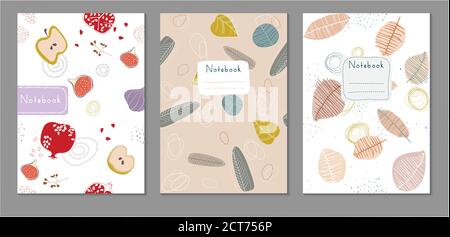 Cover page templates. Set universal abstract layouts. Applicable for notebooks, planners, brochures, books, catalogs etc. Seamless patterns used, easy Stock Vector