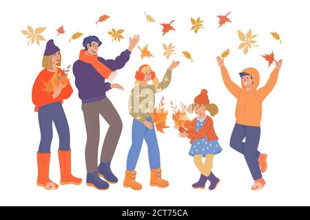 Big family with children on autumn walk flat vector illustration isolated. Stock Vector