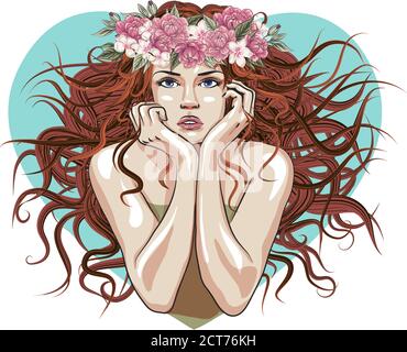 Spring look model. Beautiful girl in a wreath of peonies and roses. Flower wreath. Vector illustration for postcard or poster, print for clothes or ac Stock Vector