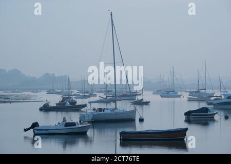 Slaughden, Aldeburgh, Suffolk. UK.  September 15th 2020. View of yachts and boats after sunset on the River Alde, by the Aldeburgh Yacht Club. Stock Photo