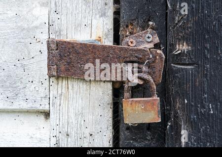Rusty padlock on an old wooden door with flaking paint. UK. Stock Photo