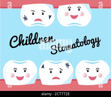 Children dentistry banner. Cute cartoon teeth character. Oral hygiene ...