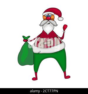 Santa Claus with gift bag isolated on white background. Santa Claus with a raised right hand. Christmas and New Year design. Stock vector illustration Stock Vector