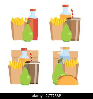 Lunchbox with cheese sandwich, tomato slices, potato chips, paper bag for school or work set. Dinner lunch container with snacks, meals homemade food. Stock Vector