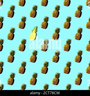 Seamless pattern with summer decoration of ripe pineapple with shadow. Tropical style concept background, wrapper, layout or mockup. Stock Photo