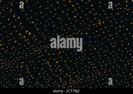Many lightbulbs hanging on cable as garland decorative in festival isolated on dark night sky background, beautiful design of light string Stock Photo