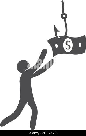 Man chasing dollar bait icon in black and white. Vector illustration. Stock Vector