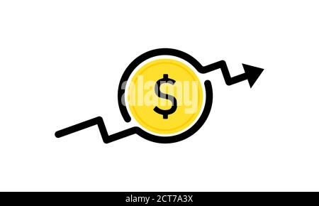 Dollar increase sign. Coin icon. Money arrow up. Economy stretching rising. Vector on isolated white background. EPS 10.