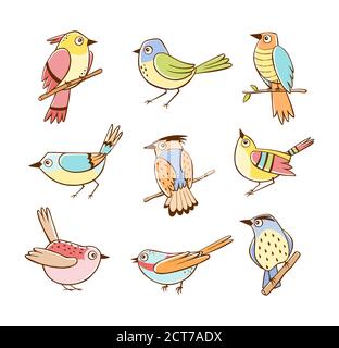 Collection of birds in different poses. Colorful birds isolated on white background. Hand drawn vector illustration. Stock Vector