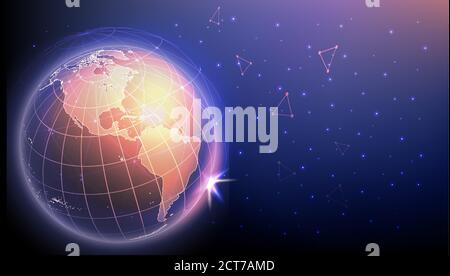 High tech innovations and cyber connections concept. Planet Earth surrounded by polygonal mesh representing global network, vector illustration. Copy