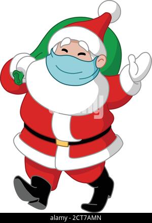 Walking Santa Claus with medical mask over his mouth carrying gift sack and waving hello Stock Vector