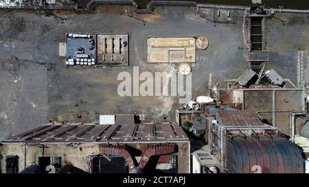 Aerial view of area in front of an old coal power plant Stock Photo