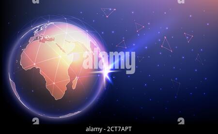 High tech innovations and cyber connections concept. Planet Earth surrounded by polygonal mesh representing global network, vector illustration. Copy Stock Vector