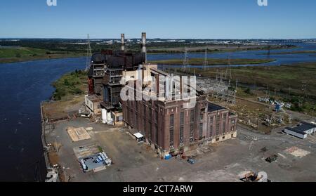 Aerial view of old coal power plant that is no longer being used Stock Photo