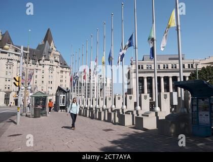 Ottawa. September 21, 2020. Flags of all provinces and territories flown at half mast in memory of former PM John Turner, who died this week-end. Stock Photo