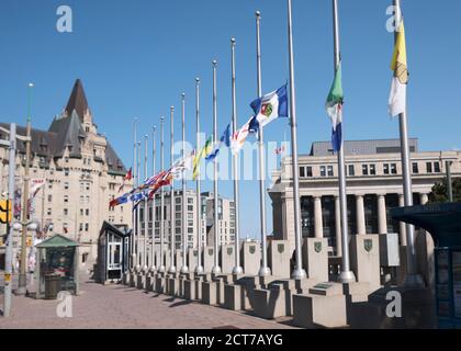 Ottawa. September 21, 2020. Flags of all provinces and territories flown at half mast in memory of former PM John Turner, who died this week-end. Stock Photo