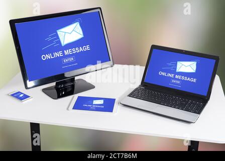Online message concept shown on different information technology devices Stock Photo