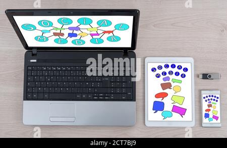 Social media concept shown on different information technology devices Stock Photo