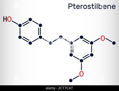 Pterostilbene, stilbenoid molecule. It has a role as metabolite, antioxidant, antineoplastic agent, neurotransmitter. Skeletal chemical formula. Vecto Stock Vector