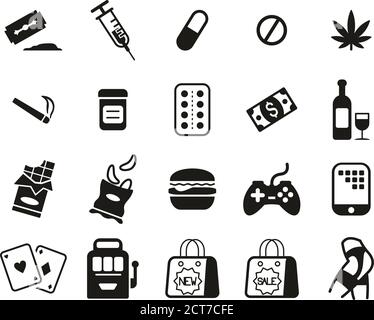 Addiction Icons Black & White Set Big Stock Vector