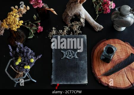 Flat lay of witch's altar space with a grimoire (vintage book from 1837)  and other various items - dried flowers nature elements, candles, ink  bottle Stock Photo - Alamy