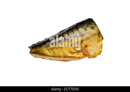 Piece of cold smoked mackerel fish on a white background Stock Photo