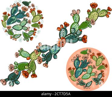 Set of banners with hand drawn prickly pear, sketch style vector illustration isolated on white background. Wild floral exotic tropical plant. Black a Stock Vector