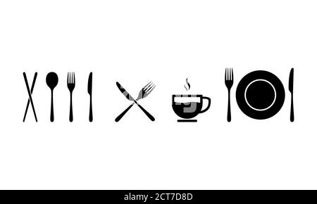 Kitchen utensil icon. Spoon, fork, knife, cup and plate sign. Vector on isolated white background. EPS 10. Stock Vector
