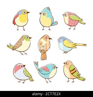 Collection of cute little birds in different poses. Colorful birds isolated on white background. Hand drawn vector illustration. Stock Vector