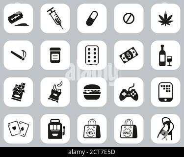 Addiction Icons Black & White Flat Design Set Big Stock Vector