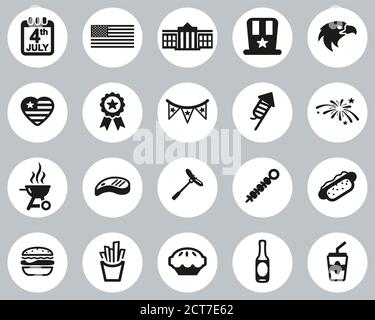 4th Of July Icons Black & White Flat Design Circle Set Big Stock Vector