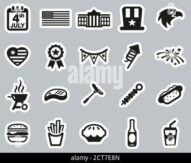 4th Of July Icons Black & White Stiker Set Big Stock Vector