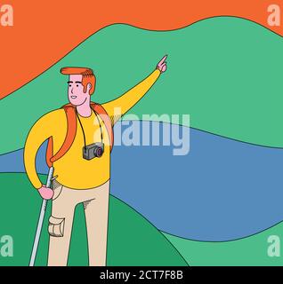 Hiking man pointing hand at green mountain. Outdoor sport. Hand drawn vector illustration. Stock Vector