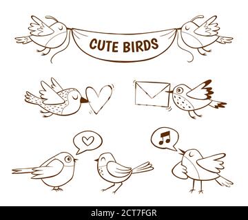 Hand drawn cute bird icons, isolated on white background. Vector illustration. Stock Vector