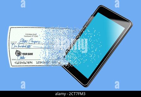 A check to pay a bill is seen breaking into pixels as it moves electronically from a cell phone being used to make the payment. Stock Photo