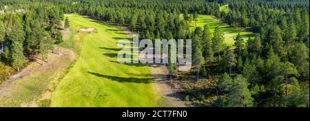 Aerial panorama on few narrow long golf courses in Northern forest. Unidentified people play golf on Golf course, pine trees around, Northern Scandina Stock Photo