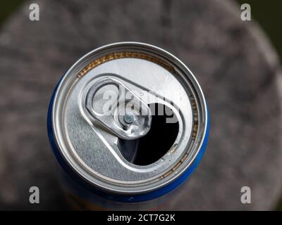 Close up view on empty blue recycling can Stock Photo