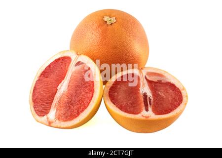 One whole grapefruit and also sliced pieces of grapefruit on a white background Stock Photo