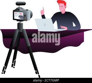 Man taking video using digital camera in front of colorful vegetation. Travel blogger vector illustration. Stock Vector
